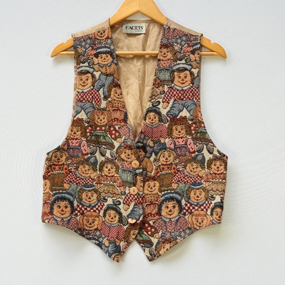 Vintage Facets by Mirrors Vest Medium Raggedy Ann Tapestry Whimsical Quirky